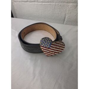 Vintage Cache Black Embossed Leather Crystal Heart American Flag Belt L